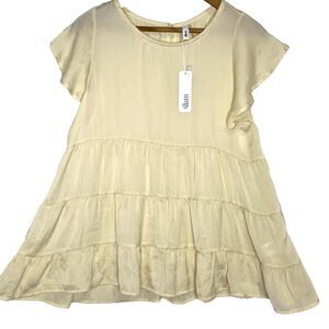 Glam Semi-Sheer Blouse Womens S Babydoll Tiered Short Flutter Sleeve Cream NWT